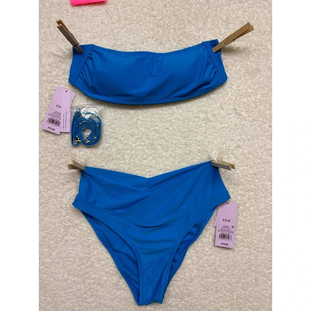 Wild Fable Blue Bandeau Bikini Set V-Front Cheeky High Leg NWT Womens Small